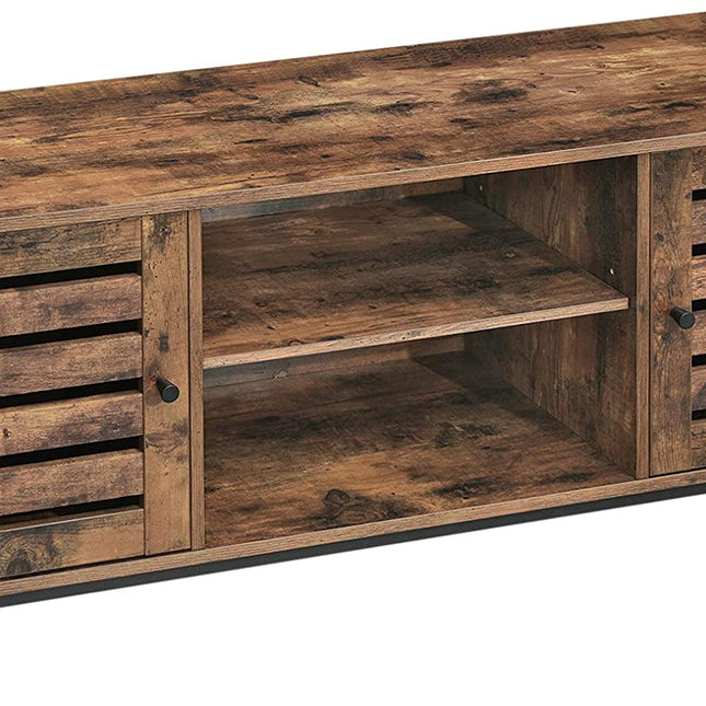 TV Stand Entertainment Unit with Open Shelves and Louvred Doors Storage, Rustic Brown and Black Industrial