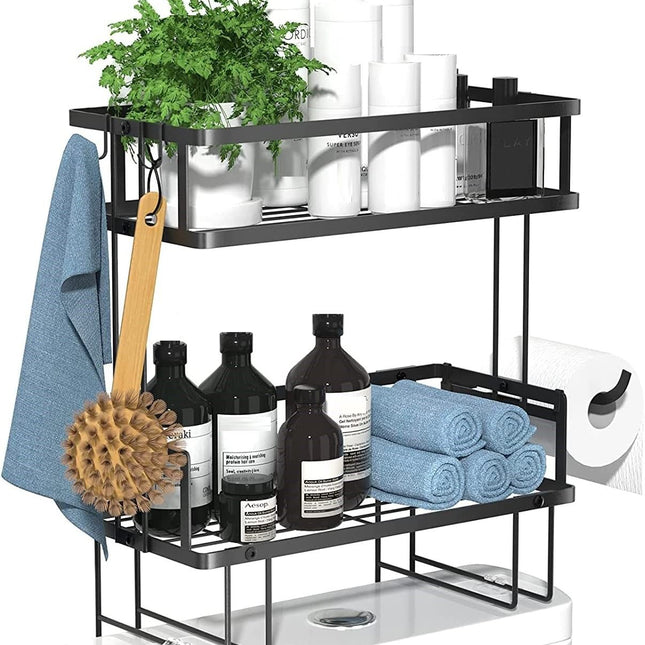 2 Tier Freestanding Bathroom Storage Organizer with Adhesive Base and Hooks for Bathroom