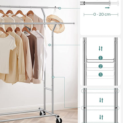 SONGMICS Metal Clothes Rack Stand on Wheels Heavy Duty Silver HSR12S