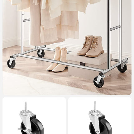 SONGMICS Metal Clothes Rack Stand on Wheels Heavy Duty Silver HSR12S