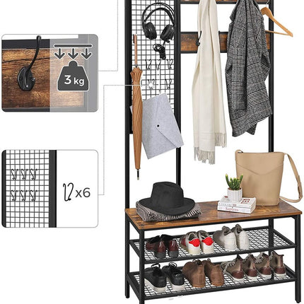 VASAGLE Coat Rack Stand with Grid Wall 185 cm Rustic Brown HSR98BX