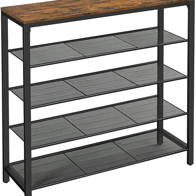 VASAGLE Shoe Rack Shoe Storage Organiser with 4 Mesh Shelves Rustic Brown and Black LBS15BX
