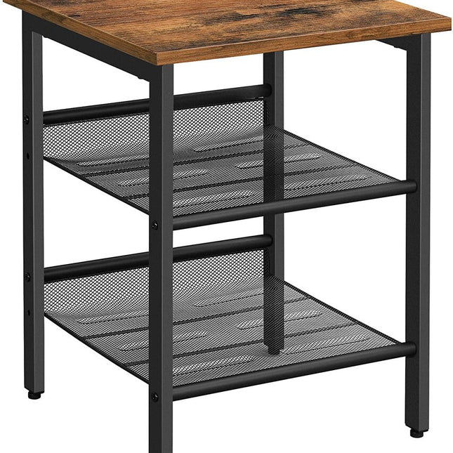 VASAGLE Side Table Nightstand End Table with 2 Adjustable Mesh Shelves Rustic Brown and Black LET23X