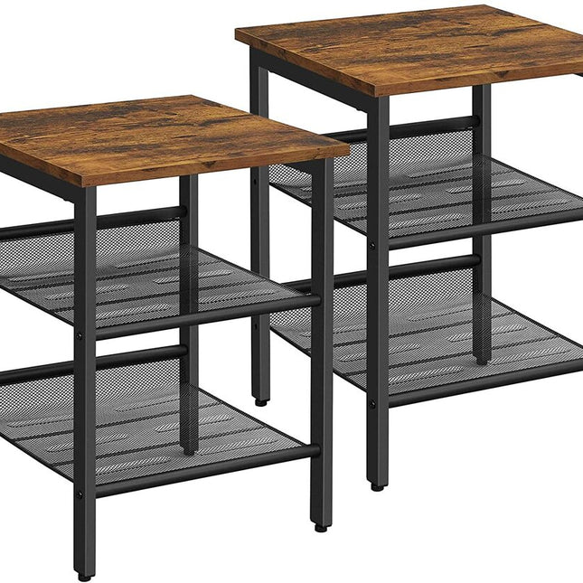 VASAGLE Side Table Set Nightstand Industrial Set of 2 Bedside Tables with Adjustable Mesh Shelves Rustic Brown and Black LET24X