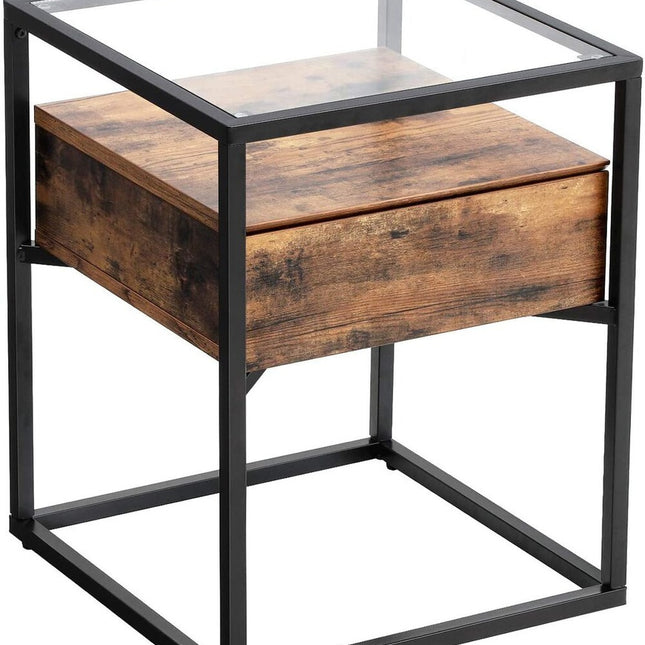 VASAGLE Side Table Tempered Glass End Table with Drawer and Shelf Rustic Brown and Black LET04BX