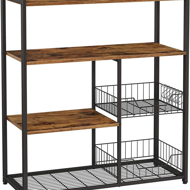 VASAGLE Baker’s Rack Kitchen Island with 2 Metal Mesh Baskets Shelves and Hooks Industrial Style Rustic Brown KKS96X