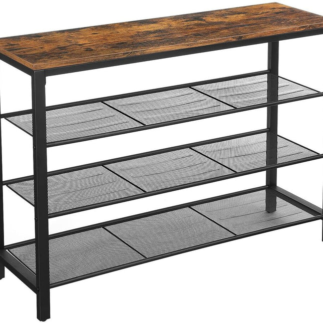 VASAGLE Shoe Rack Shoe Organiser with 3 Mesh Shelves for Hallway Living Room Bedroom Simple Structure Stable Industrial Style Rustic Brown and Black LBS14BX