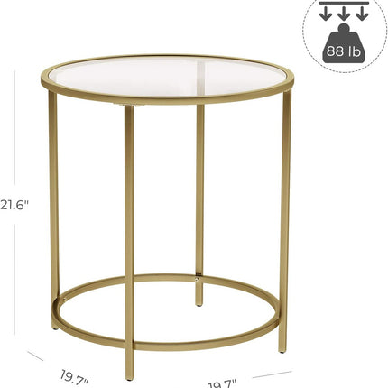 VASAGLE Round Side Table Tempered Glass End Table With Golden Metal Frame Small Coffee Table Gold LGT20G