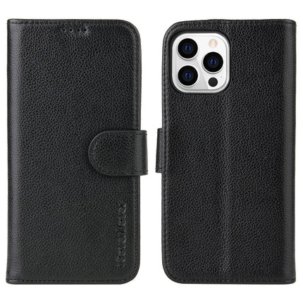 For iPhone 14 Pro Max Case iCoverLover Black Genuine Cow Leather Wallet Folio Cover