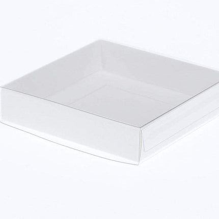 10 Pack of 10cm Square Invitation Coaster Favor Function product Presentation Cookie Biscuit Patisserie Gift Box - 4cm deep - White Card with Clear Slide On PVC Lid