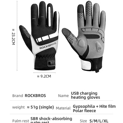 MTB Heated Gloves XLarge for Mountain Road Bike Breathable Winter Autumn Cycling Camping Running Outdoor Sport Rockbros