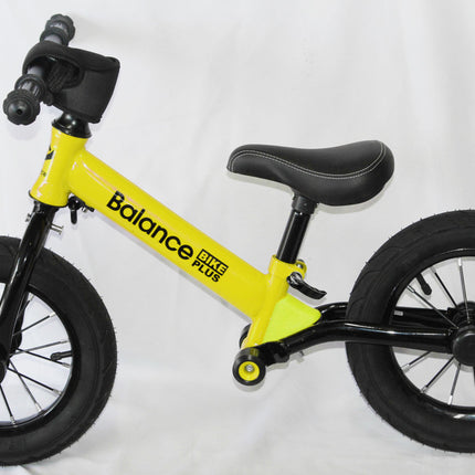 Bike Plus Kids Balance Bike Training Aluminium - Yellow with Suspension - 12" Rubber Tyres - Foot Pegs -Ride On No Pedal Push