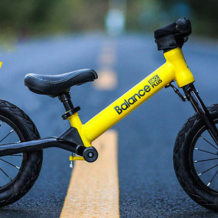 Bike Plus Kids Balance Bike Training Aluminium - Yellow with Suspension - 12" Rubber Tyres - Foot Pegs -Ride On No Pedal Push