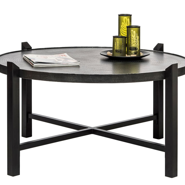 Modern Black Round Coffee Table with Silver Finish Engraved Top