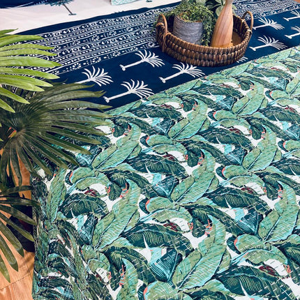 Cotton Kantha Quilt/Bedspread/Coverlet/Throw - Tropical Leaf Hand stitched Kantha