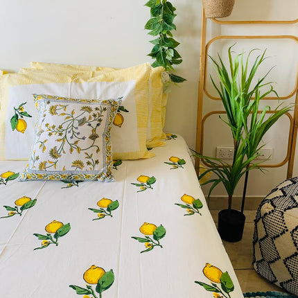 Cotton Bed sheet/Flat sheet - Lemon Hand block Printed Sheet (King size)