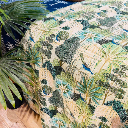 Cotton Kantha Quilt/Bedspread/Throw - Royal Jaipuri print Hand stitched Kantha