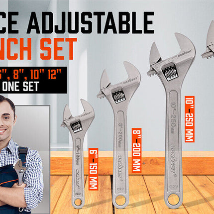 4Pc Adjustable Wrench Set Heavy Duty Shifter Spanner Wide Open Jaw 6"/8"/10"/12"