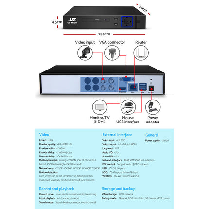 UL-tech Home CCTV Security System Camera 4CH DVR 1080P 1500TVL 1TB Outdoor Home