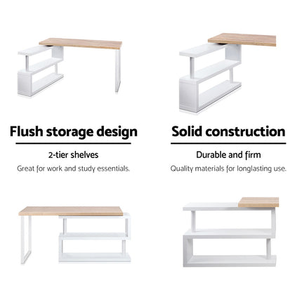 Artiss Rotary Corner Desk with Bookshelf - Brown & White