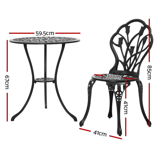 Gardeon 3PC Outdoor Setting Cast Aluminium Bistro Table Chair Patio Black