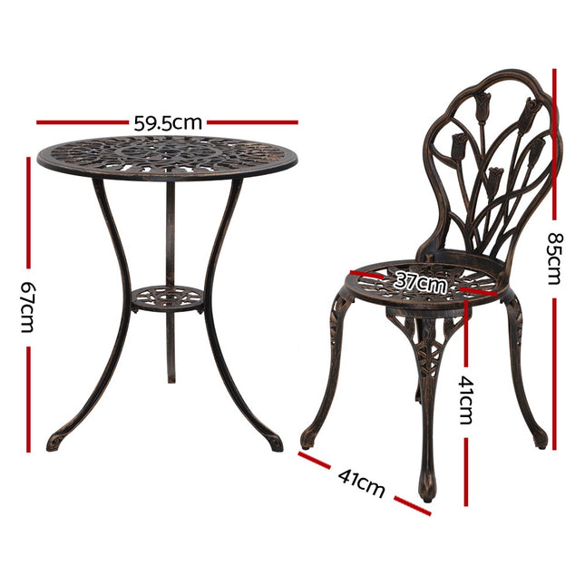 Gardeon 3PC Outdoor Setting Cast Aluminium Bistro Table Chair Patio Bronze