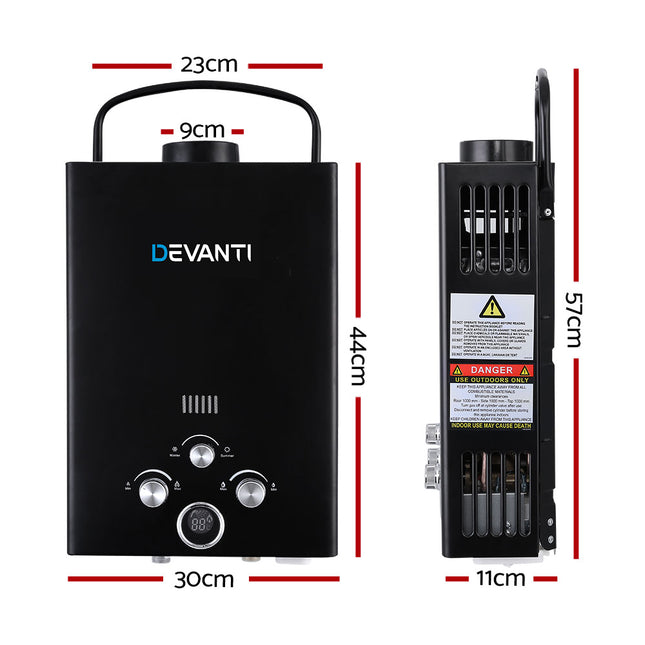 Devanti Outdoor Gas Hot Water Heater Portable Camping Shower 12V Pump Black