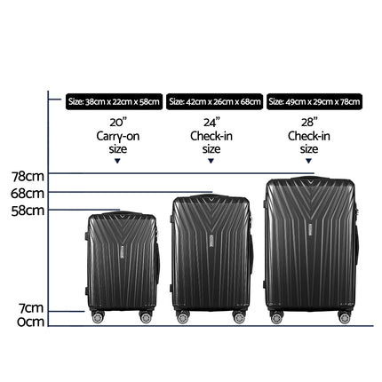 Wanderlite 3pc Luggage Trolley Suitcase Sets Travel TSA Hard Case Black