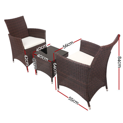 Gardeon 3pc Bistro Wicker Outdoor Furniture Set Brown