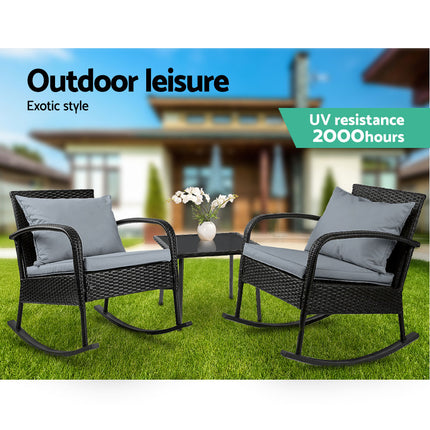 Gardeon 3 Piece Outdoor Chair Rocking Set - Black