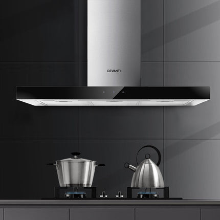 Devanti Range Hood 900mm Rangehood 90cm Stainless Steel Glass Kitchen Canopy Black