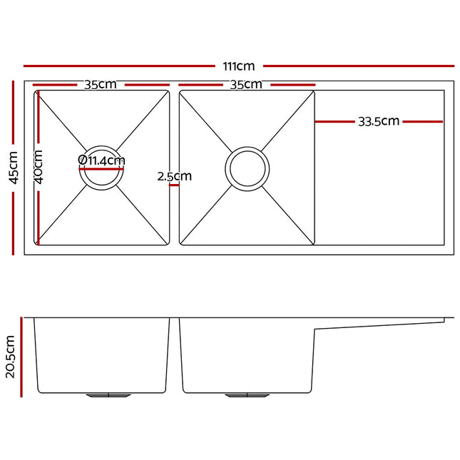 Cefito 111cm x 45cm Stainless Steel Kitchen Sink Under/Top/Flush Mount Silver