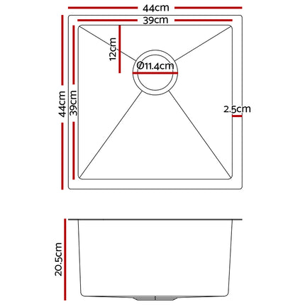 Cefito 44cm x 44cm Stainless Steel Kitchen Sink Under/Top/Flush Mount Black