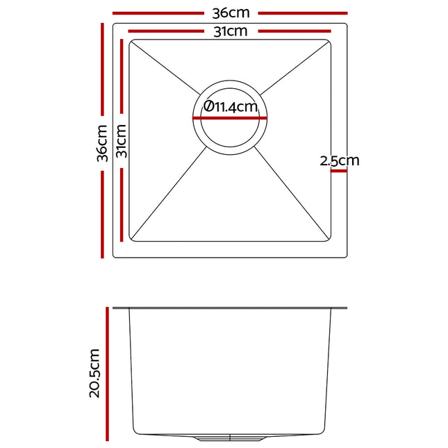 Cefito 36cm x 36cm Stainless Steel Kitchen Sink Under/Top/Flush Mount Silver