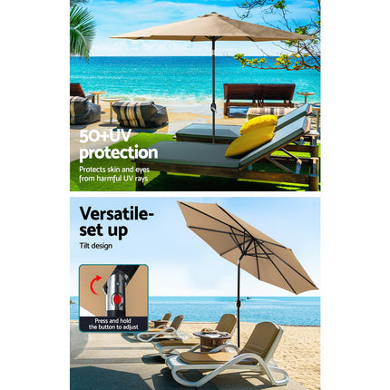 Instahut Outdoor Umbrella 2.7m Base Beach Pole Garden Tilt Sun Patio UV Beige