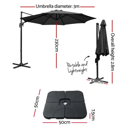 Instahut Outdoor Umbrella 3m Base Cantilever Beach Stand Sun Roma Black 50cm