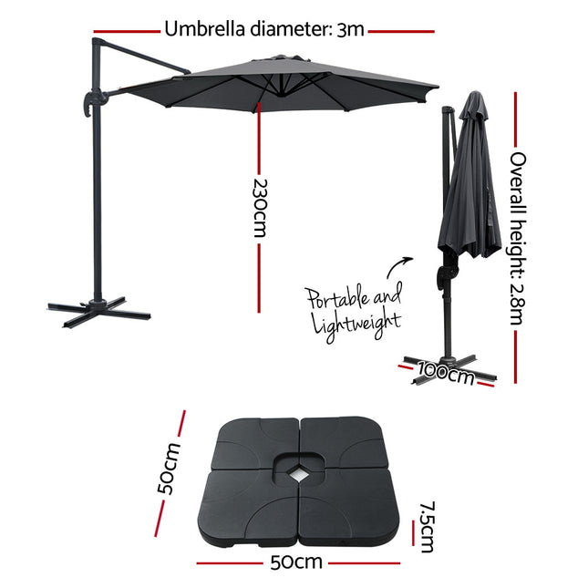 Instahut Outdoor Umbrella 3m Base Cantilever Beach Stand Sun Roma Charcoal 50cm