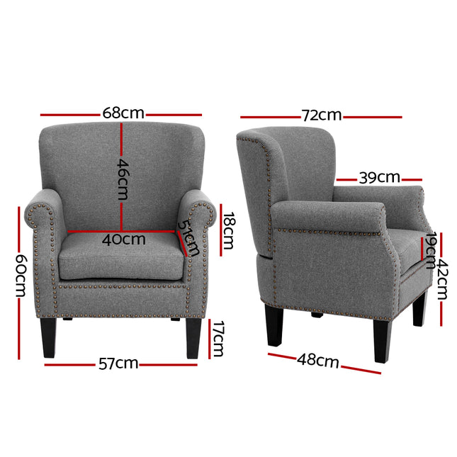 Artiss Armchair Accent Chair Retro Armchairs Lounge Accent Chair Single Sofa Linen Fabric Seat Grey