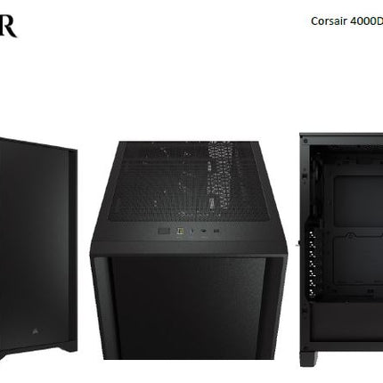 CORSAIR Carbide Series 4000D Solid Steel Front ATX Tempered Glass Black, 2x 120mm Fans pre-installed. USB 3.0 x 2, Audio I/O. Case
