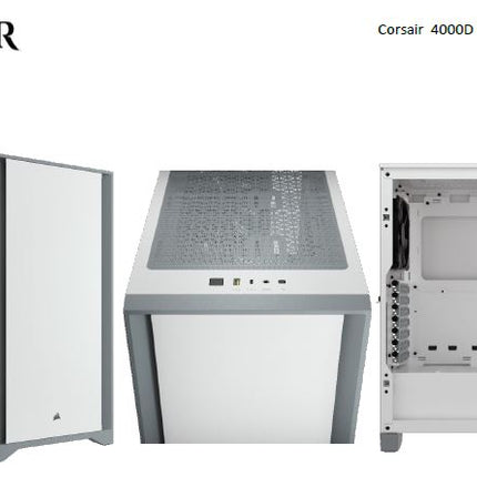 CORSAIR Carbide Series 4000D Solid Steel Front ATX Tempered Glass White, 2x 120mm Fans pre-installed. USB 3.0 x 2, Audio I/O. Case