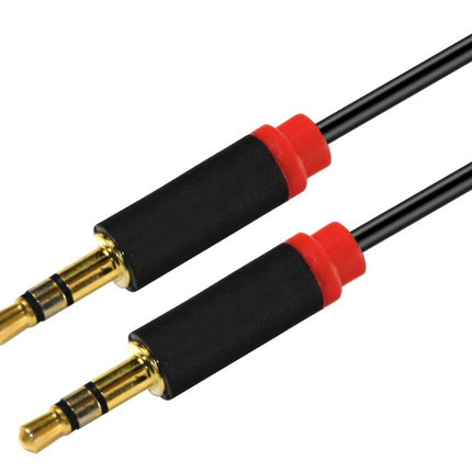ASTROTEK 2m Stereo 3.5mm Flat Cable Male to Male Black with Red Mold - Audio Input Extension Auxiliary Car Cord