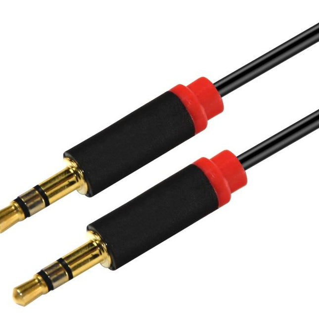 ASTROTEK 2m Stereo 3.5mm Flat Cable Male to Male Black with Red Mold - Audio Input Extension Auxiliary Car Cord