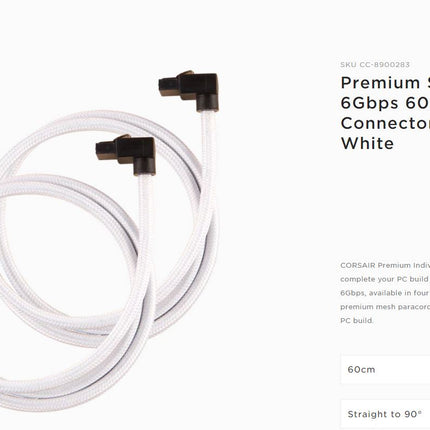 CORSAIR Premium Sleeved SATA 6Gbps 60cm 90?? Connector Cable ÔÇö White