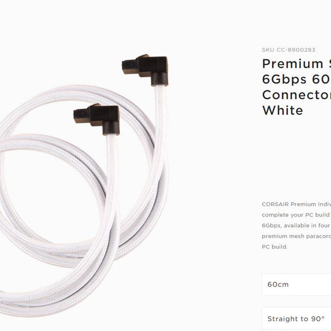 CORSAIR Premium Sleeved SATA 6Gbps 60cm 90?? Connector Cable ÔÇö White