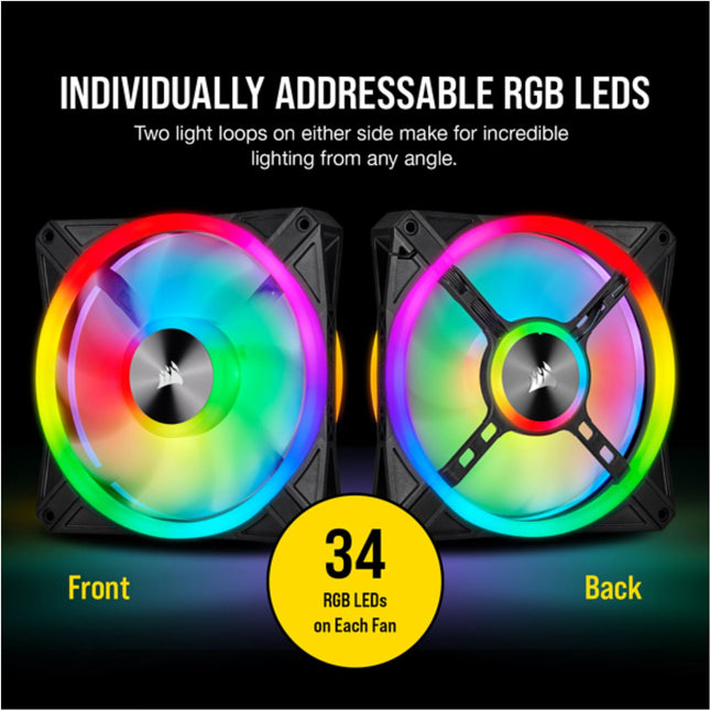 CORSAIR QL140 RGB Dual Fan Kit with Lighting Node Core, ICUE, Anti Vibration, Low-Noise 140 mm Fan Blade, RGB LED PWM Fan 26dBA, 502 CFM, 2 Fan Pack