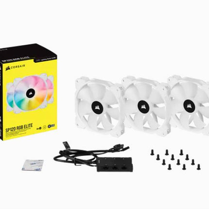 CORSAIR White SP120 RGB ELITE, 120mm RGB LED PWM Fan with AirGuide, Triple Pack with Lighting Node CORE