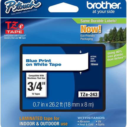 Brother 3/4" 18 mm Blue on White TZe P-Touch Tape for Brother PT-1900, PT1900 Label Maker.