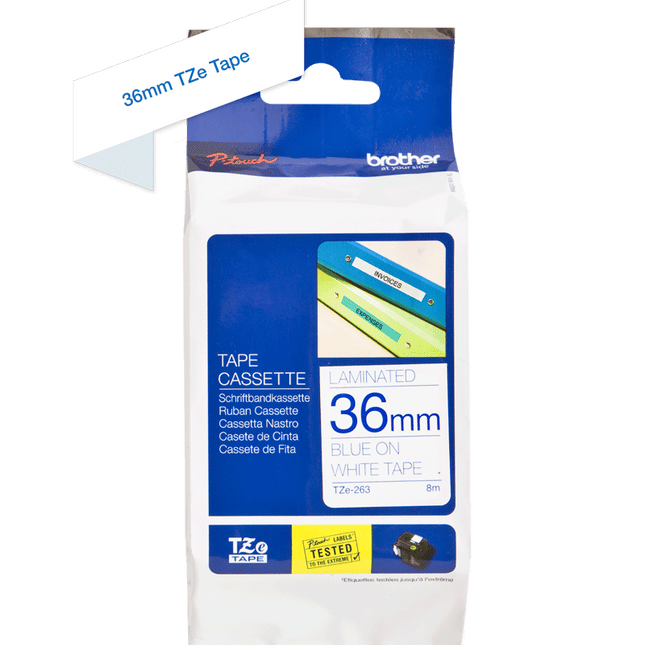 Genuine Brother TZe-263 Labelling Tape Cassette  Blue on White, 36mm wide, 8m long Compatible with a wide range of Brothers P-touch printers