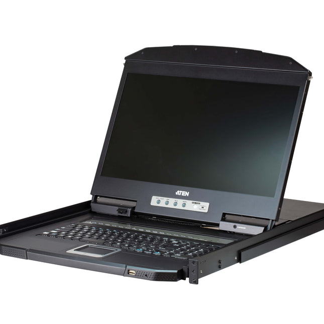 Aten 18.5" Short Depth 16 Port LCD KVM, can be mounted up to a depth of 42cm to 72cm and LCD panel with 1366 x 768 resolution, includes 2 1.8m VGA USB