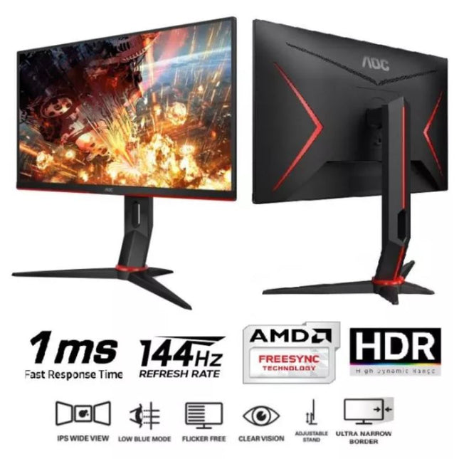 AOC 23.8' 1ms IPS 144Hz Full HD, Free-Sync Premium, HDR Mode 2x HDMI 1.4, 1x DP 1.4, 1x VGA, Borderless, Height Adjustable Stand